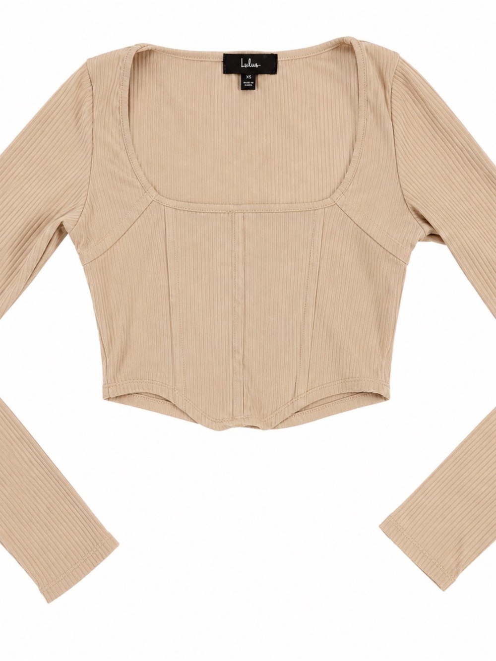 Lulu's Beige Ribbed Corset-Style Scoop Neck Long Sleeve Crop Top